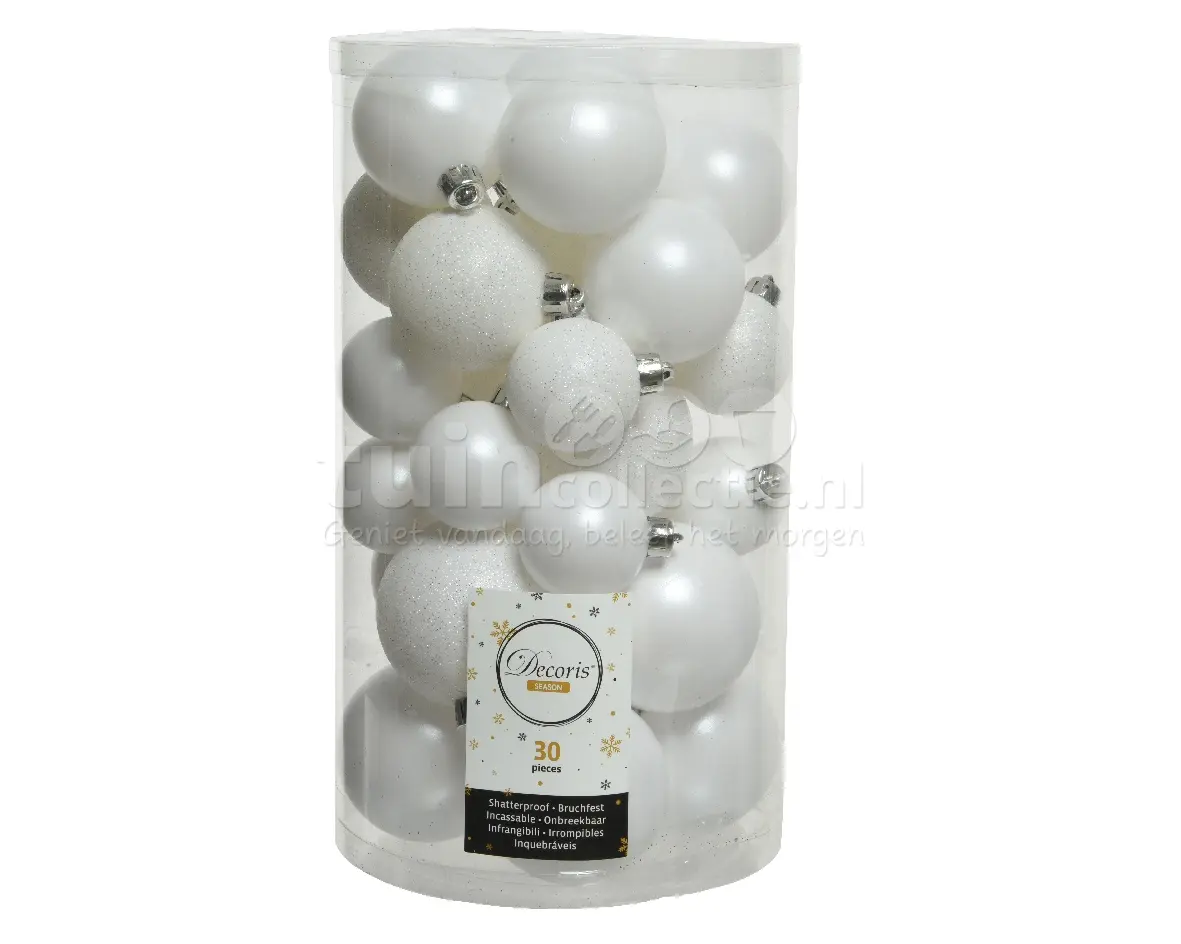 nooit Spit preambule Witte Plastic Kerstballen | 30 stuks | Mat en Glitter - Tuincollectie.nl
